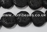 CLV498 15.5 inches 16mm flat round black lava beads wholesale