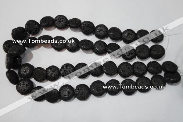 CLV498 15.5 inches 16mm flat round black lava beads wholesale