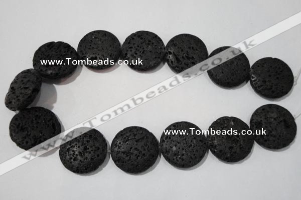 CLV502 15.5 inches 30mm flat round black lava beads wholesale