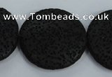 CLV51 15.5 inches 32mm flat round black natural lava beads wholesale