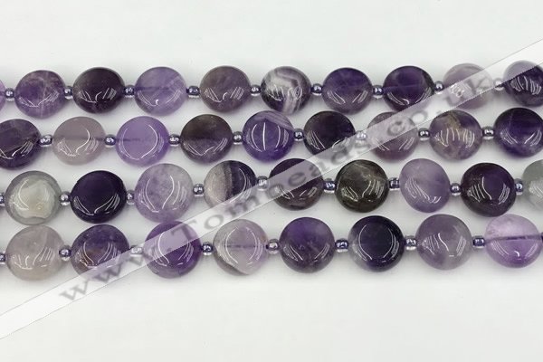 CNA1186 15.5 inches 12mm flat round amethyst beads wholesale