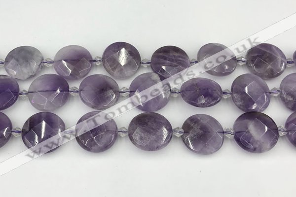 CNA1204 15.5 inches 20mm faceted coin amethyst beads wholesale