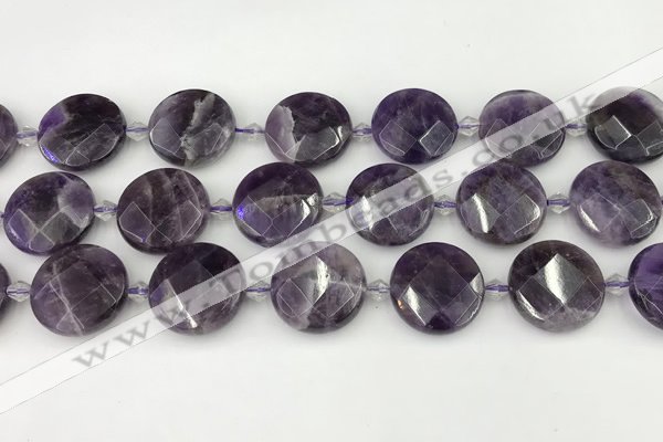 CNA1205 15.5 inches 20mm faceted coin amethyst gemstone beads