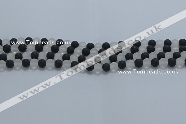 CNC111 15.5 inches 6mm round matte white crystal & black agate beads