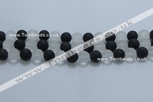 CNC114 15.5 inches 12mm round matte white crystal & black agate beads