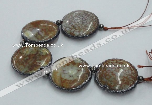 CNG2304 7.5 inches 35mm flat round agate beads with brass setting