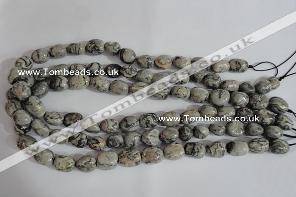 CNG557 15.5 inches 10*14mm nuggets grey picture jasper beads