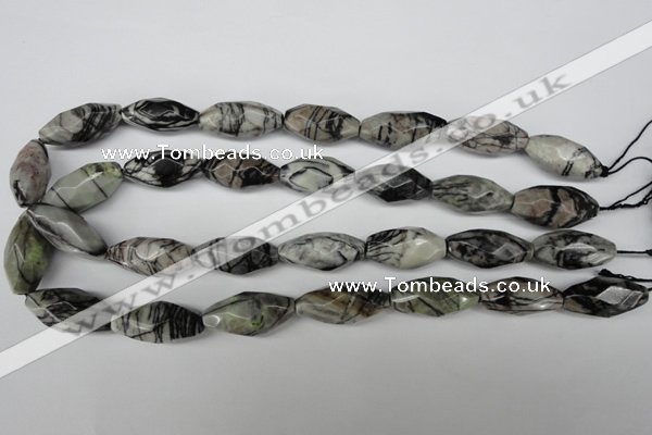 CNG603 15.5 inches 13*27mm faceted rice black water jasper nugget beads