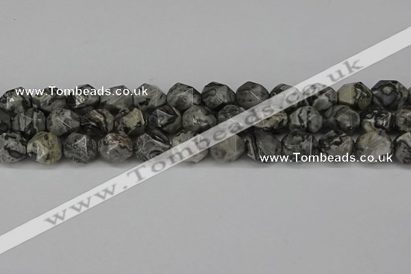 CNG6054 15.5 inches 12mm faceted nuggets grey picture jasper beads