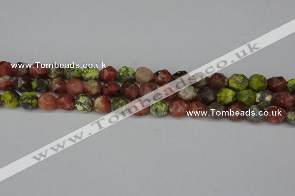 CNG6193 15.5 inches 10mm faceted nuggets red plum blossom jade beads