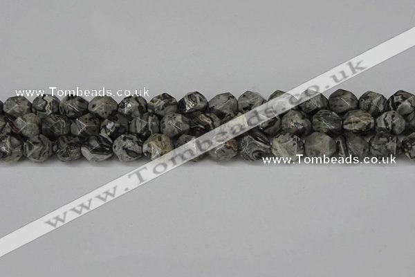 CNG6202 15.5 inches 10mm faceted nuggets grey picture jasper beads