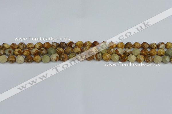 CNG7375 15.5 inches 6mm faceted nuggets picture jasper beads