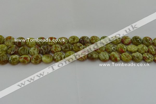 CNS622 15.5 inches 10mm flat round green dragon serpentine jasper beads