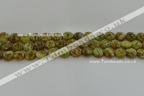 CNS623 15.5 inches 12mm flat round green dragon serpentine jasper beads