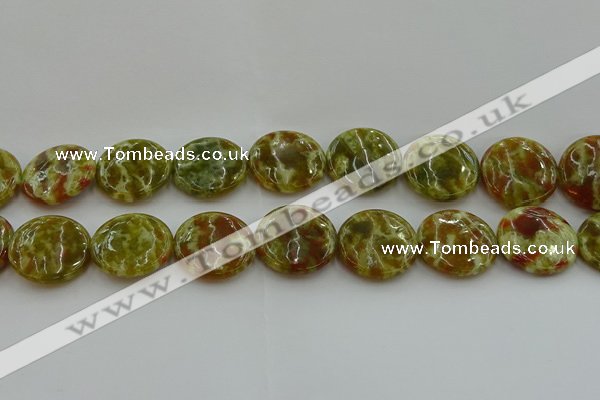 CNS627 15.5 inches 25mm flat round green dragon serpentine jasper beads