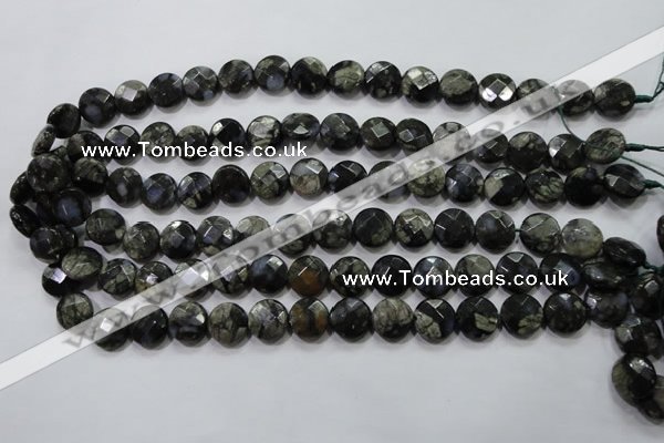 COP481 15.5 inches 12mm faceted coin natural grey opal beads