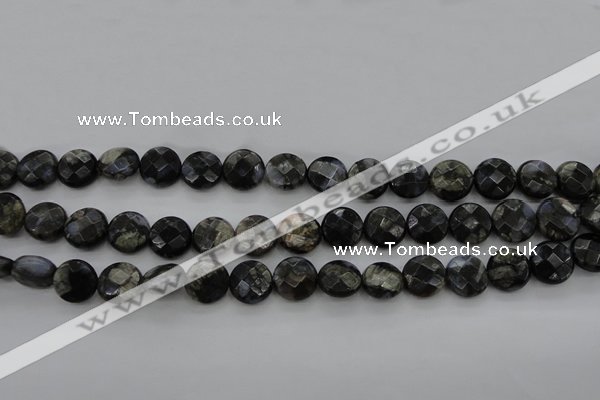 COP495 15.5 inches 10mm faceted coin natural grey opal beads