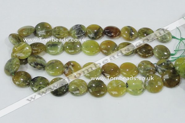 COP553 15.5 inches 20mm flat round yellow & green natural opal beads