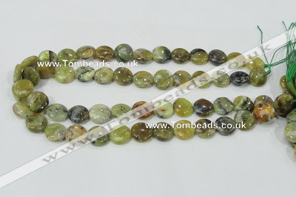 COP557 15.5 inches 14mm flat round natural yellow & green opal beads