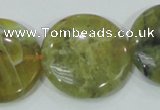 COP559 15.5 inches 30mm flat round natural yellow & green opal beads