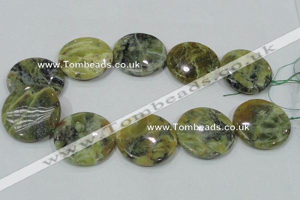 COP560 15.5 inches 40mm flat round natural yellow & green opal beads