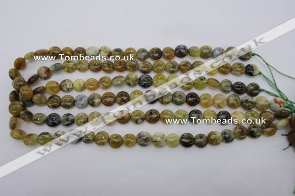 COP567 15.5 inches 10mm flat round natural yellow & green opal beads