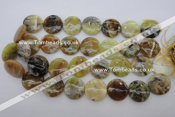 COP596 15.5 inches 25mm flat round natural yellow & green opal beads