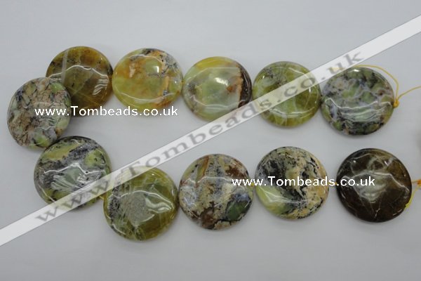 COP597 15.5 inches 35mm flat round natural yellow & green opal beads