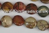 CPJ351 15.5 inches 14mm flat round picasso jasper gemstone beads