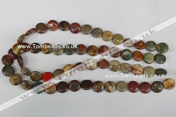 CPJ351 15.5 inches 14mm flat round picasso jasper gemstone beads