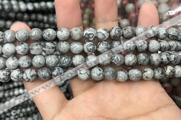 CPJ642 15.5 inches 8mm faceted round grey picture jasper beads