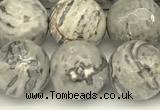 CPJ727 15 inches 10mm faceted round grey picture jasper beads