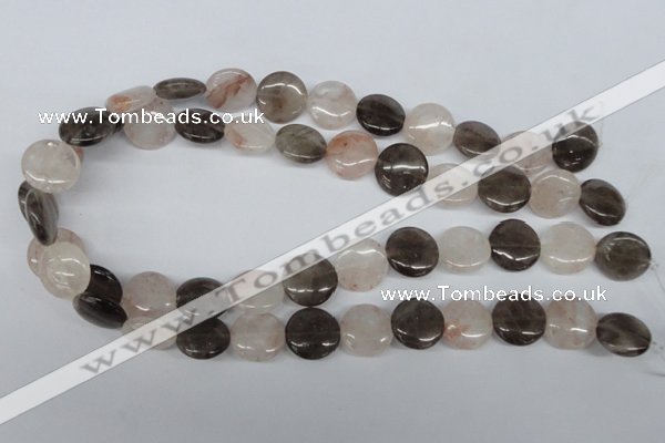 CPQ102 16mm flat round natural pink crystal & smoky quartz beads