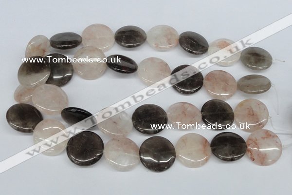 CPQ103 25mm flat round natural pink crystal & smoky quartz beads