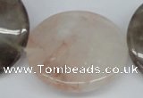 CPQ104 35mm flat round natural pink crystal & smoky quartz beads