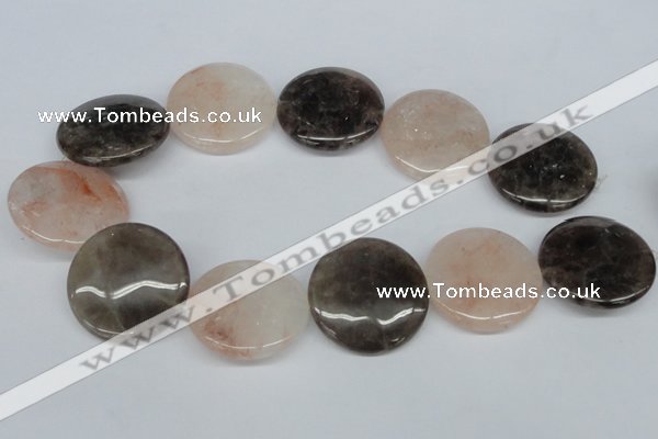 CPQ104 35mm flat round natural pink crystal & smoky quartz beads