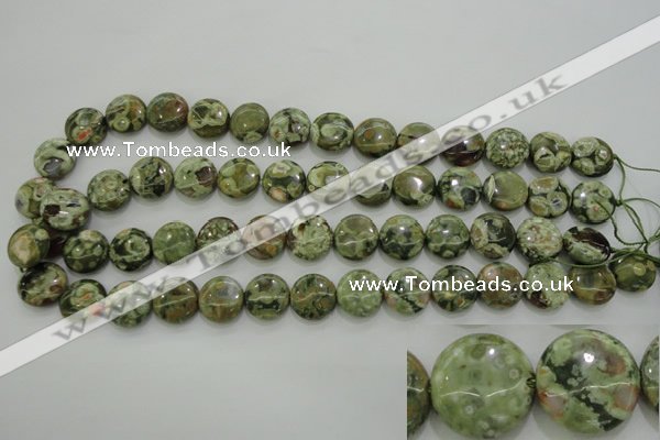 CPS142 15.5 inches 14mm flat round green peacock stone beads