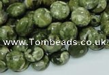 CPS35 15.5 inches 10mm flat round green peacock stone beads