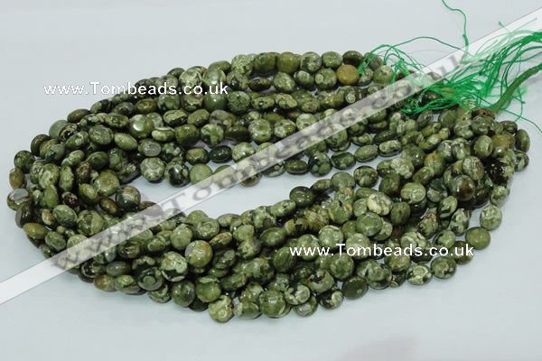 CPS35 15.5 inches 10mm flat round green peacock stone beads