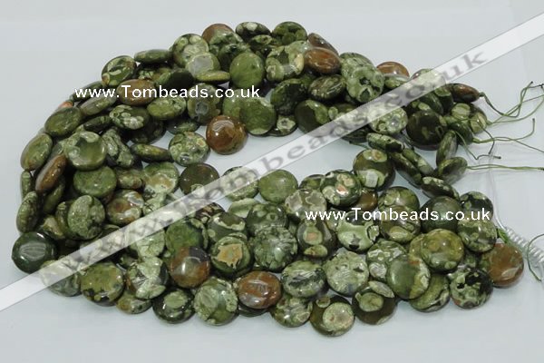 CPS36 15.5 inches 12mm flat round green peacock stone beads