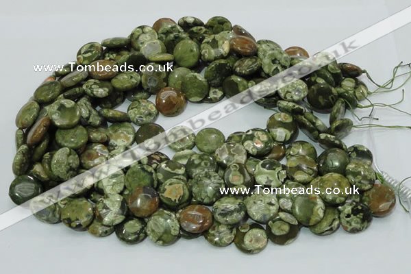 CPS37 15.5 inches 16mm flat round green peacock stone beads