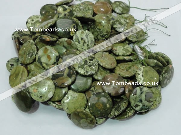 CPS38 15.5 inches 18mm flat round green peacock stone beads