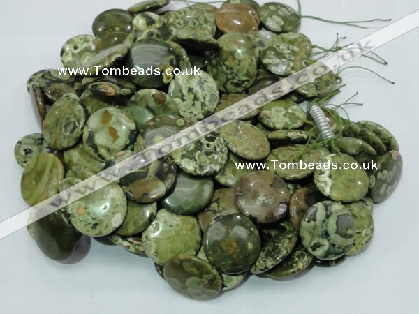 CPS39 15.5 inches 20mm flat round green peacock stone beads