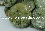 CPS40 15.5 inches 30mm flat round green peacock stone beads