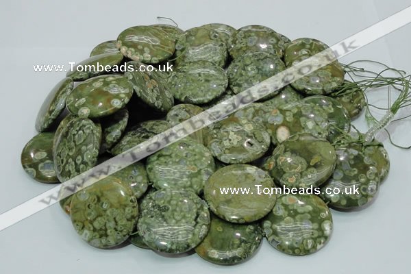 CPS40 15.5 inches 30mm flat round green peacock stone beads