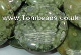 CPS41 15.5 inches 40mm flat round green peacock stone beads