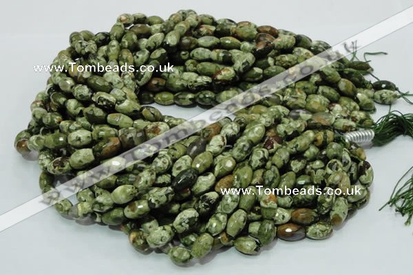 CPS66 15.5 inches 7*11mm faceted rice green peacock stone beads