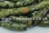 CPS70 15.5 inches 10*30mm faceted rice green peacock stone beads