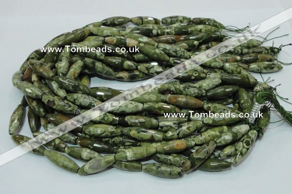 CPS70 15.5 inches 10*30mm faceted rice green peacock stone beads