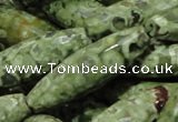 CPS71 15.5 inches 12*40mm faceted rice green peacock stone beads